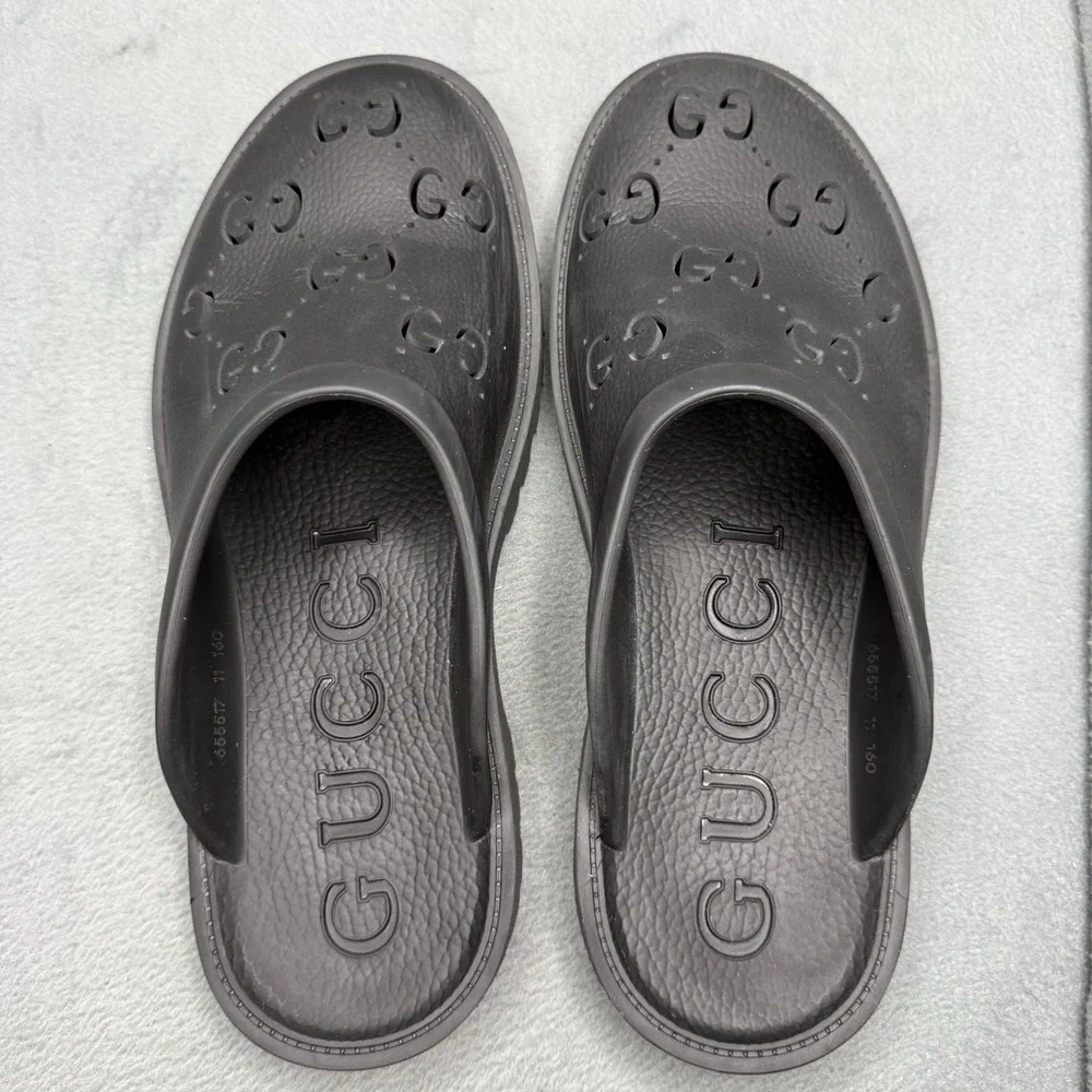 Gucci Cut Out Monogram Black 100% Rubber Slip-On Sandals Men's G 11 US 12